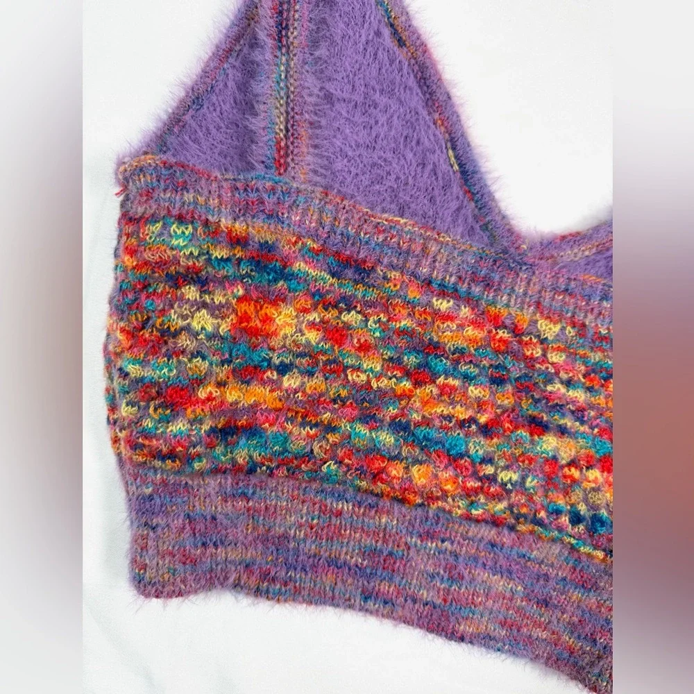 HAZEL MOON Multicolor Fuzzy Knit Crop Cami Bralette Top Size M Rainbow Space Dye - Picture 7 of 13